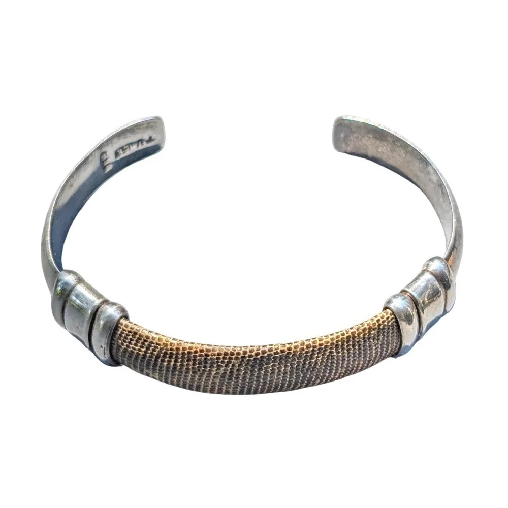 Vintage Taxco Mexico 925 Sterling Silver Snakeskin Inlay Cuff Bracelet TV-153